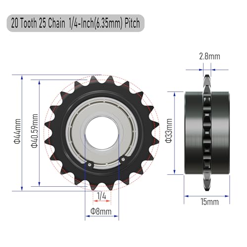 20 Tooth Roller Chain Sprocket, 44mm OD 8mm Bore 1/4" Pitch Chain Idler Sprocket, Single Bearing Black Oxide Finish C45 Carbon Steel for ISO 04C Chain - size: 8mm Bore 20 Tooth