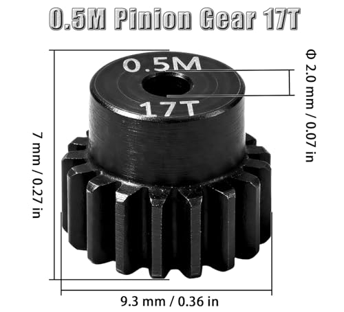 Hardened Steel 0.5M Pinion Gear 17T 2mm Shaft for RC Car/Helicopter Upgrade, Compatible with ARRMA 1/14 Typhoon 1/16 Mojave 1/18 Granite, Losi 1/12, 0.5Mod 13T-27T Gear for Brushed Brush-Less Motors - size: 17T