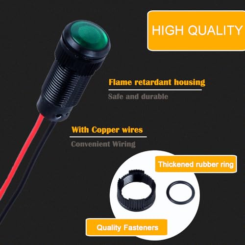 5pcs 10mm LED Indicator Light Plastic Black Signal Dot Lamp 12V-24V 2/5" Mounting Hole Size with 15cm/5.9in. Wire (Green LED) - color: Green, size: 10mm 12-24V
