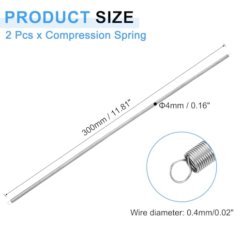 uxcell 2Pcs Extension Springs, 0.4x4x300mm/0.02x0.16x11.81in 304 Stainless Steel Extended Compression Spring Steel Dual Hook Tension Springs for Machinery Construction Home Repairs - size: 0.4x4x300mm