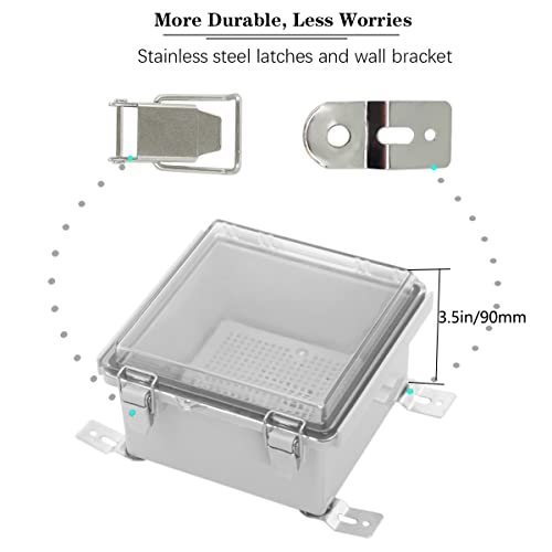 Zulkit Junction Box IP67 Waterproof Electrical Box Hinged Clear Cover Stainless Steel Latch Plastic Enclosure for Project w Mounting Plate Wall Bracket and 2 Cable Gland 5.9"x5.9"x3.5"/150x150x90mm - color: Clear Cover, size: 5.9"x5.9"x3.5"