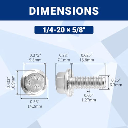 1/4-20 x 5/8" Flanged Hex Bolts (20 pcs), 18-8 (304) Stainless Steel, External Hex Drive, Hexagon Head Bolts Screws with Flange Washer, Fayeploo - color: Silver, size: 1/4-20 x 5/8