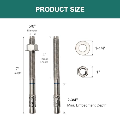 5/8" x 7" Concrete Anchors (12 Pack) 5/8 inch Wedge Anchors Bolts Stainless Steel - size: 5/8"x7"