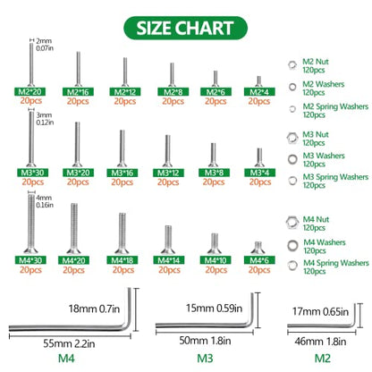1440PCS Metric Screw Aassortment Kit, 304 Stainless Steel M2 M3 M4 Bolts - size: SS M2 M3 M4 1440pcs 1