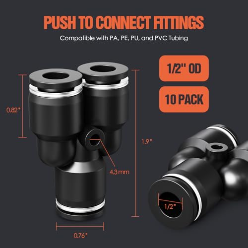 TRILINK 1/2" OD Push to Connect Fittings – Air Line Splitters Connectors, Quick Connect Pneumatic Fittings, Push Lock Air Hose Fittings for Compressor, Air Tools & Tubing (10 PCS) - color: 1/2" OD, size: Splitters(10pcs)