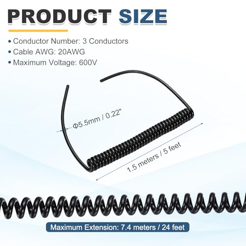 MECCANIXITY 5ft 20AWG Retractable Coiled Coil Cord 300V 105℃ 3 Conductor - size: 5ft x 20AWG, 3 Conductor