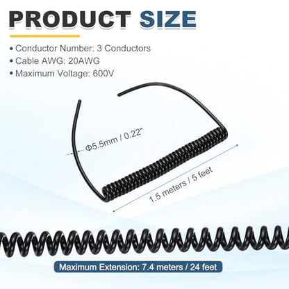 MECCANIXITY 5ft 20AWG Retractable Coiled Coil Cord 300V 105℃ 3 Conductor - size: 5ft x 20AWG, 3 Conductor
