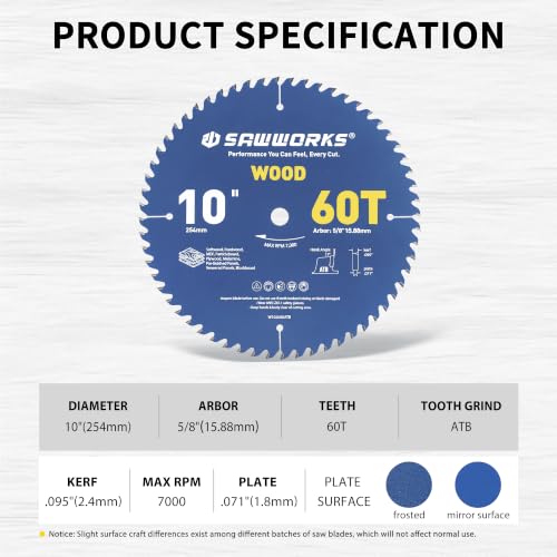SawWorks 10 Inch 60T ATB Circular Saw Blade for Wood Cutting - size: 10" 60T, style: Wood
