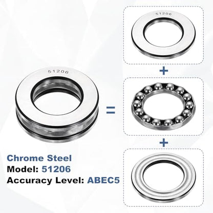 uxcell 2Pcs Thrust Ball Bearings, 30mm Bore 52mm OD 16mm Thick 51206 ABEC5 - size: 51206 30mm x 52mm x 16mm