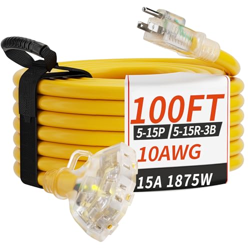 PlugSaf 100 FT 10 Gauge Outdoor Extension Cord with Multiple Outlets Yellow - size: 100FT