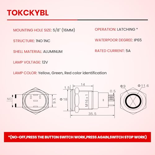 16mm Latching Push Button Switch 12V DC, IP65 Waterproof - color: Silver Stainless Shell Yellow, size: 16mm
