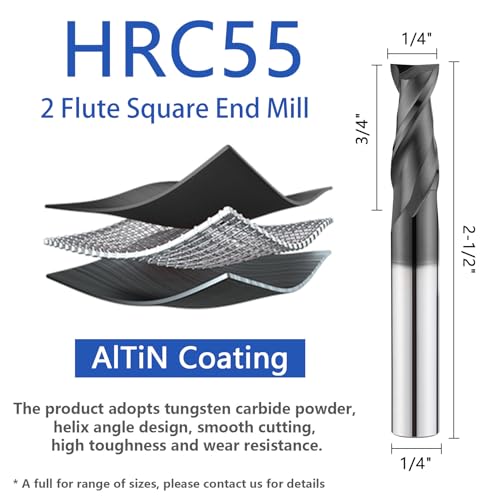 1/4" Tungsten Carbide Square End Mill 2 Flute Micro Grain Milling Bits Set,AlTiN Coating,for Milling Alloy Steels,Cast Iron,Carbon Steel(5PCS) - size: 1/4 in
