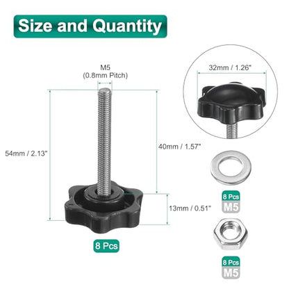 uxcell 8pcs Star Clamping Knobs with Nuts Washers, M5 x 40mm Metric 304 Stainless Steel Male Thread 32mm 6-Star Plastic Head, Threaded Stud Hand Knobs Handles Thumb Screws, Black - size: M5 x 40mm