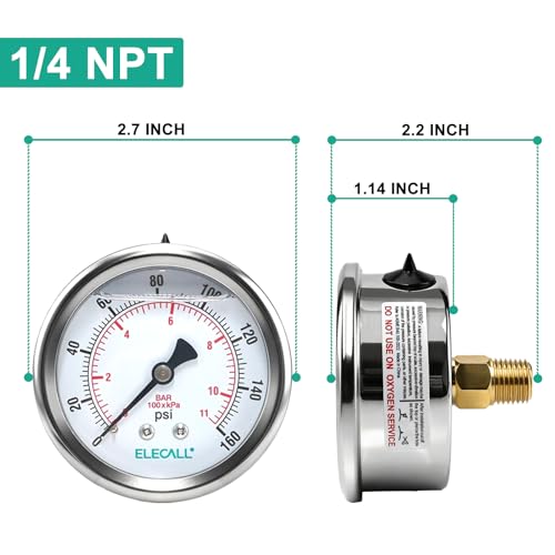 160psi Silicone Oil Pressure Gauge for Water Oil Air Pressure Test in Water Pump, Tire, Large Air Compressor, Well Pump, RV Regulator, 2-1/2" Stainless Steel Case, Back Mount 1/4" NPT - size: 0-160 Psi, style: Back Mount