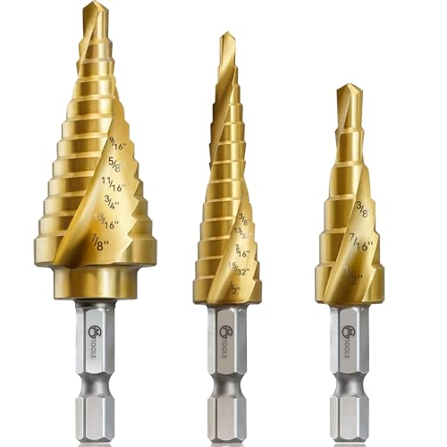 GMTOOLS Step Drill Bit Set, 3 Pcs Titanium High Speed Steel Unibit Drill Bits, Stepped Up Bits for Sheet Metal, DIY Lovers with Aluminum Case, Total 28 Sizes for Multiple Hole - style: 3PCS