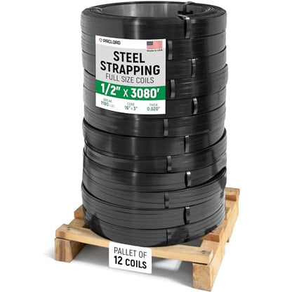 1/2" x 3080' Heavy-Duty Steel Strapping, Pallet of 12 Coils, 0.020" Thick, 1180 Lbs Break Strength, 16" x 3" Core - Pallet Metal Banding - Approved for UPS, Railroad Shipments - size: 12 Coils (Pallet)