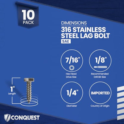 Conquest Lag Bolts 1/4" x 1" - size: 1/4"-10 x 1"