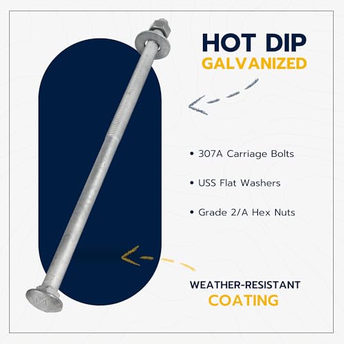 1/2" x 14" (25 Pack) Galvanized Carriage Bolt Kit Grade 307A Includes 1/2" USS Flat Washers (25 pcs) and 1/2"-13 Hex Nuts (25 pcs), Hot Dip Galvanized for Exterior Use by Makers Bolt - size: 1/2 x 14