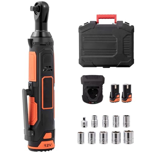 VEVOR 3/8" Cordless Electric Ratchet Wrench Set, 33 Ft-lbs 12V Power Ratchet Tool Kit with 45-Min Fast Charge, 2-Pack 2.0Ah Battery, Built-in LED Light, Variable Speed Trigger, 10 Sockets - size: 11.02 in, style: Standard