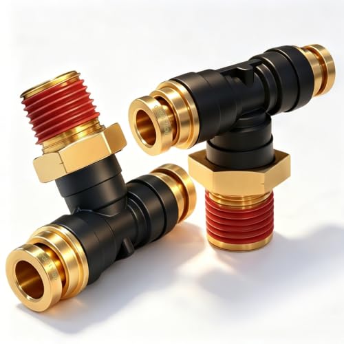 DOT Air Brake Line Tee Fittings, Quick Push to Connect Air Hose Fitting - size: 1/2" OD & 3/8" NPT