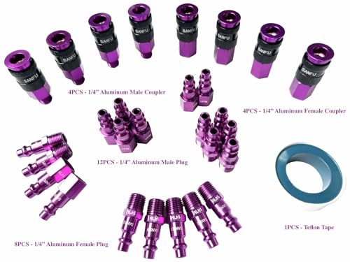 SANFU Air Hose Fittings, Aluminum AMT Universal Air Coupler and I/M Industrial Type Air Plug Kit, 1/4 Inch Threads Size, 1/4 Inch Body Size, 29 Pieces Air Compressor Accessories Fittings Kit(Purple) - style: 29PCS KITS
