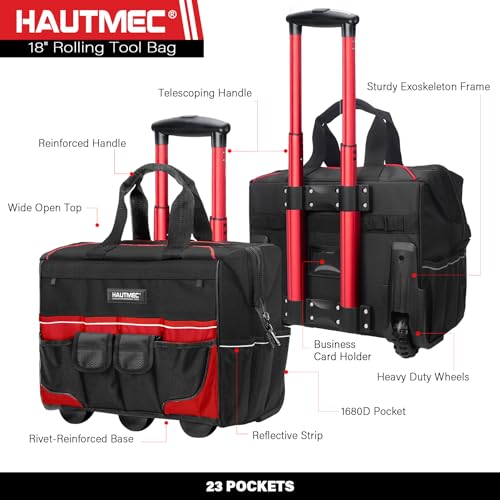 HAUTMEC 18" Rolling Tool Bag with Wheels, Heavy-Duty Water-Resistant Tool Bag Organizer with 23-Pocket, Wide-Mouth Design, Oversized Wheels & Telescoping Handle - HTTBM25004 - color: 18-Inch | Red