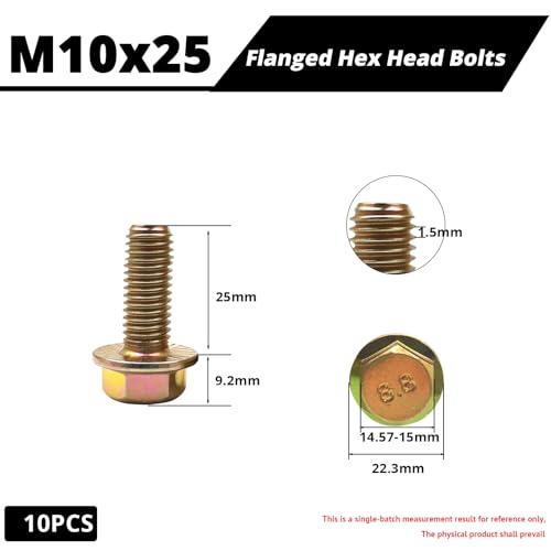 M10-1.5 x 25mm Flanged Hex Head Bolts, Flange Hexagon Head Screws, 8.8 Grade Alloy Steel, Yellow Zinc Plated, Fully Threaded Metric Screws, 10 Pack - size: M10x25mm (10PCS)