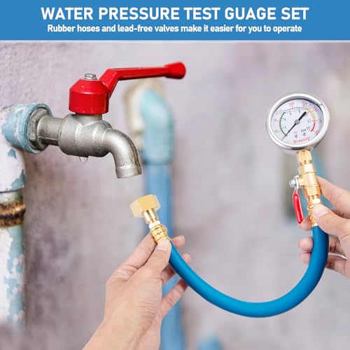 Water Test Pressure Gauge Kit,2.5" Dial+12" EPDM Rubber+1/4" Lead-Free Valve+1/4 to 3/4 Adapter,0-200PSI/0-1.4MPA（Stainless Steel/Color）,Blue Kit - size: Kit | Blue