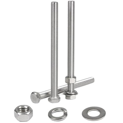 MroMax 5 Sets 3/8-16 x 5 Hex Head Screw Bolt, Nuts, Flat Washer & Spring Lock Washers Kits,Fully Threaded, Stainless Steel 18-8（304）, Bright Finish - size: 3/8-16 × 5" (5 Sets)