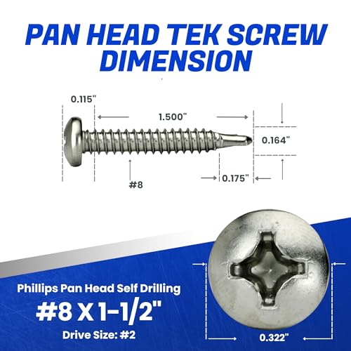 Fastenere Pan Head Self Drilling Tek Screws -#8 x 1-1/2" (100 Pack) Stainless Steel 410, Full Thread, Bright Plain Finish, Corrosion-Resistant, Self-Drilling, Easy to Install w/Phillips Drive Size #2 - size: #8 x 1-1/2" (100 Pack)