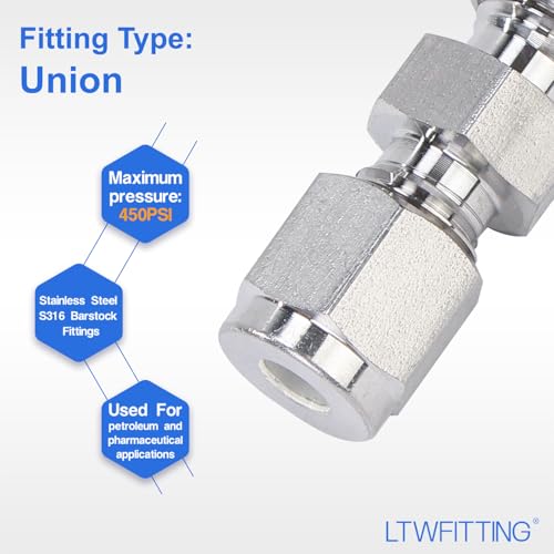 LTWFITTING 3/16-Inch OD Compression Union,Stainless Steel 316 Fittings (Pack of 5)