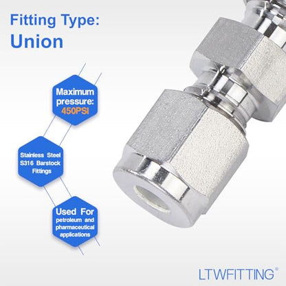 LTWFITTING 3/16-Inch OD Compression Union,Stainless Steel 316 Fittings (Pack of 5)