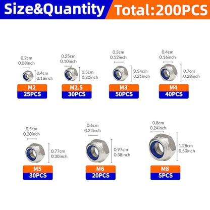 200pcs 304 Stainless Steel Nylon Insert Lock Nut Assortment Kit M2-M8