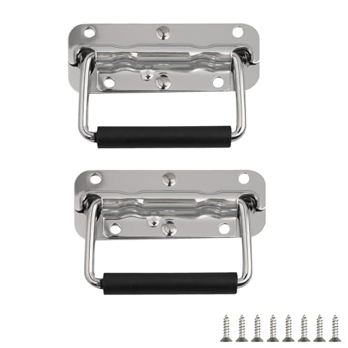 2 Pcs Spring Loaded Handle,Heavy Duty Stainless Steel Chest Handle, Rubber Grip Folding Handles for Toolbox Chest Case Trunks Crates Storage Boxes (2, Silver) - color: Silver