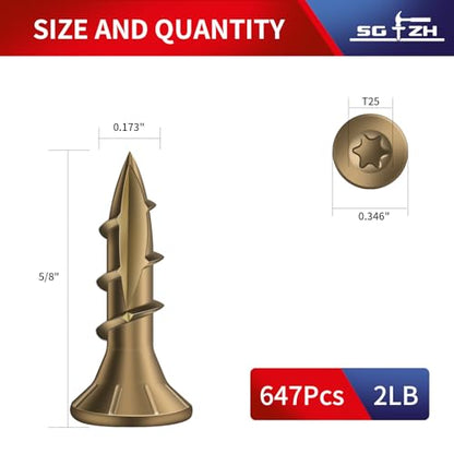 #8 x 5/8" Deck Screws (647Pcs) 2lb. Carbon Steel, Yellow, Flat Head, Rust Resistant epoxy Coated, with T25 Star Bit - color: Yellow, size: #8 x 5/8"