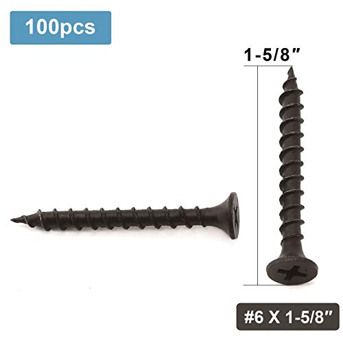 #6 x 1-5/8" Wood Screw 100PCS Black Phosphate Coated Stainless Flat Truss Head Fast Self Tapping Drywall Screws by SG TZH - size: #6 x 1-5/8"