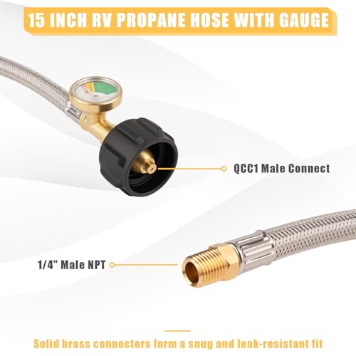 2PCS 15 IN RV Propane Hose with Pressure Gauge, 1/4" Male, 250PSI