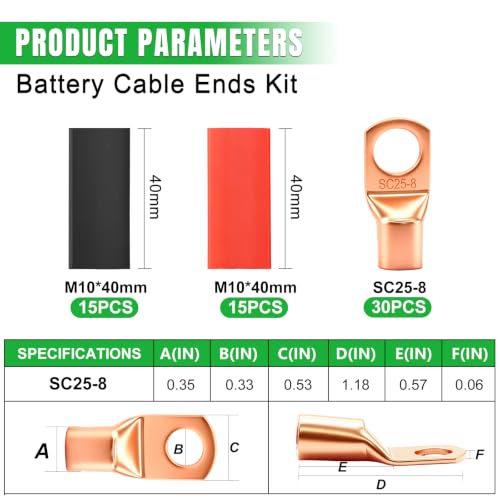 Twidec/30PCS AWG 4 Copper Wire Lugs Battery Cable Ends SC25-8,Ring Terminals Connectors,Copper Ring Terminals,Battery Terminals Connectors Kits with Heat Shrink - color: 30PCS