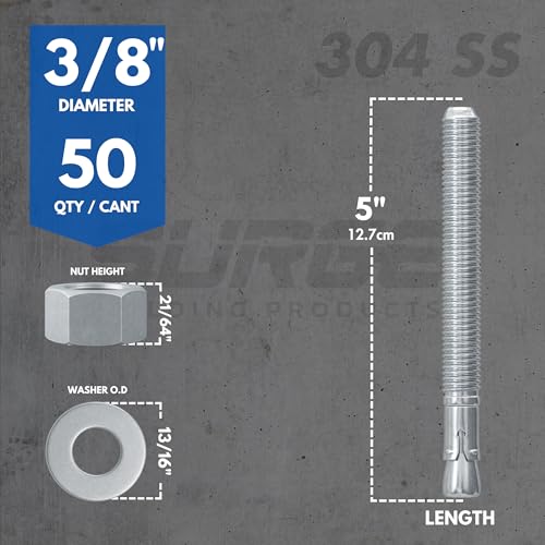 3/8" X 5" 304 Stainless Steel Wedge Anchors for Concrete (Box of 50) - size: 3/8" X 5"