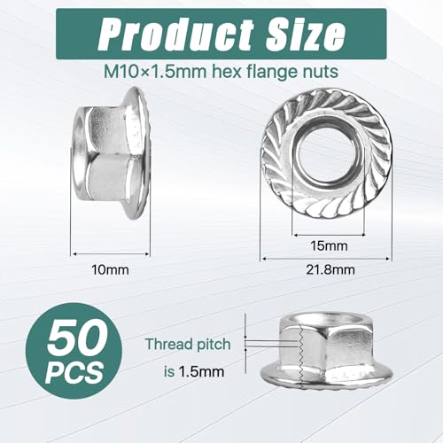 50 Pcs M10 x 1.5mm Flange Nuts,304 Stainless Steel Metric Serrated Flange Hex Flange Nuts, Bright Finish Lock Nuts,Silver (Pack of 2) - size: M10 x 1.5, 10mm, 10mm (Pack of 2)