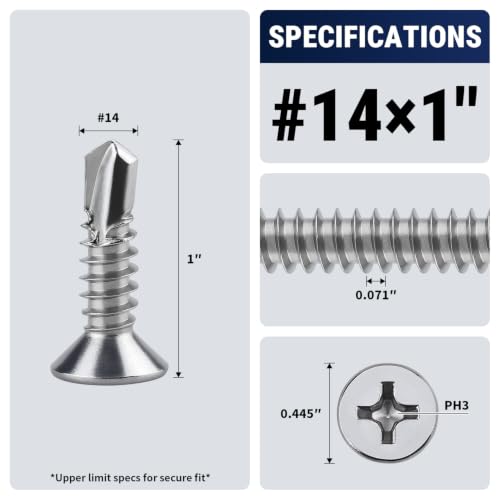 #14 x 1 Phillips Flat Head Sheet Metal Screws, Stainless Steel 410 Self Drilling Screws for Metal, Countersunk Head, Phillips Drive, Self Tapping, 50 Pack - size: #14 x 1"
