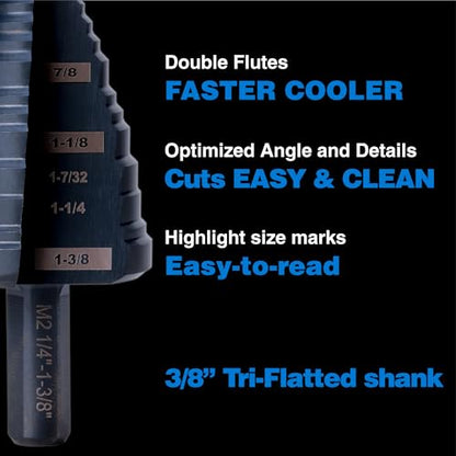 M2 HSS Step Drill Bit Kit, 7/8" & 1-3/8", Metal Wood Plastic - size: Set (7/8" & 1-3/8")