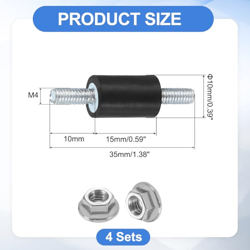 uxcell 4Pcs M4 x 10mm Rubber Mounts, 15 x 10mm Cylindrical Anti Vibration Isolator Studs Shock Absorber Double Studs with Nuts for Car Bobbin Generator Air Compressors - size: M4 x 10mm, 15 x 10mm