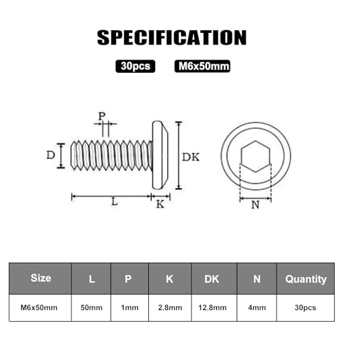 VGBUY M6-1.0 x 50 mm 30Pcs Flat Head Hex Socket Cap Screws Bolts,304 Stainless Steel 18-8,Full Thread,Hex Spanner Included (VG30112) - size: M6 x 50-30pcs
