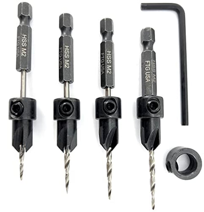 FTG USA #4 (7/64") Wood Countersink Drill Bit 4-Pc Set with 3/8" Depth Stop - size: #4, style: 4 Pc with Depth Stop