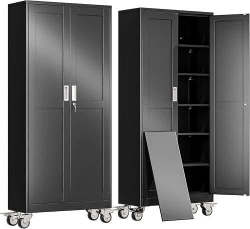 erosoei 75" H Metal Garage Storage Cabinet, Rolling Tool Cabinet with 2 Doors and Wheels, Locker Steel Cabinet with 5 Adjustable Shelves, Organization Cabinet for Garage,Office,Home,Gym,School - color: Black, size: 75"-CasLck