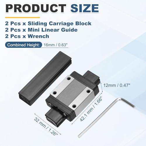 uxcell 2Pcs MGN15C Linear Bearing Sliding Carriage Block with Mini Guide and Wrench for 15mm Linear Motion Slide Rail Guide, 3D Printer, CNC Machine