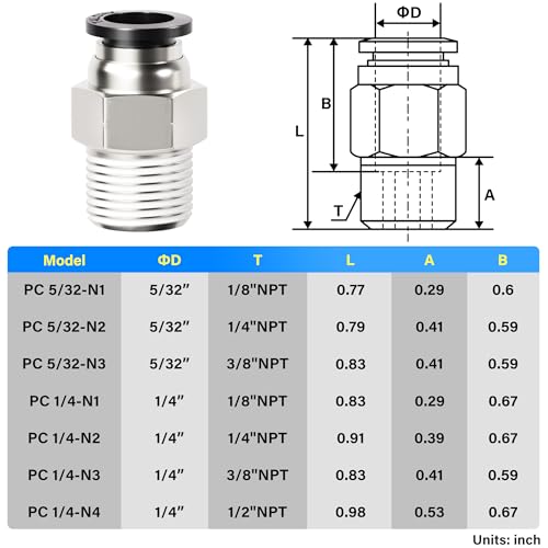 TAILONZ 5/32" x 1/8" NPT Push to Connect Straight & Elbow Fitting Kit 12Pcs - size: 5/32"OD x 1/8"NPT