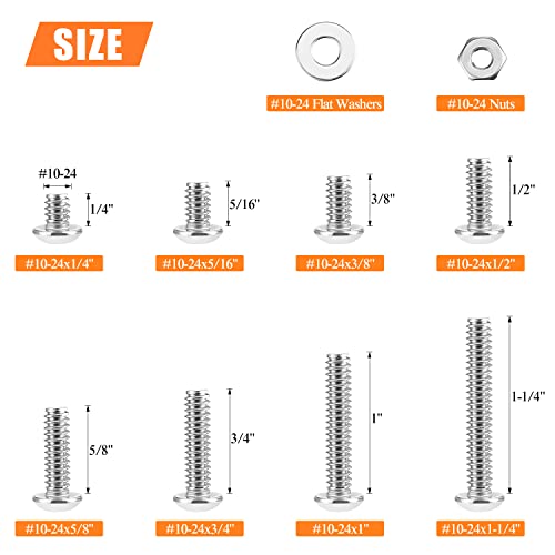 HELIFOUNER 150 Pieces #10-24 x 1/4" 5/16" 3/8" 1/2" 5/8" 3/4" 1" 1-1/4", Button Head Socket Cap Screws Bolts Washers Nuts Kit, Coarse Thread, Fully Machine Threaded, 304 Stainless Steel - size: #10-24, style: Button Head