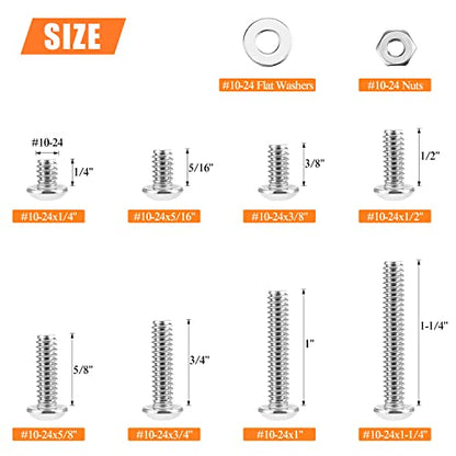 HELIFOUNER 150 Pieces #10-24 x 1/4" 5/16" 3/8" 1/2" 5/8" 3/4" 1" 1-1/4", Button Head Socket Cap Screws Bolts Washers Nuts Kit, Coarse Thread, Fully Machine Threaded, 304 Stainless Steel - size: #10-24, style: Button Head